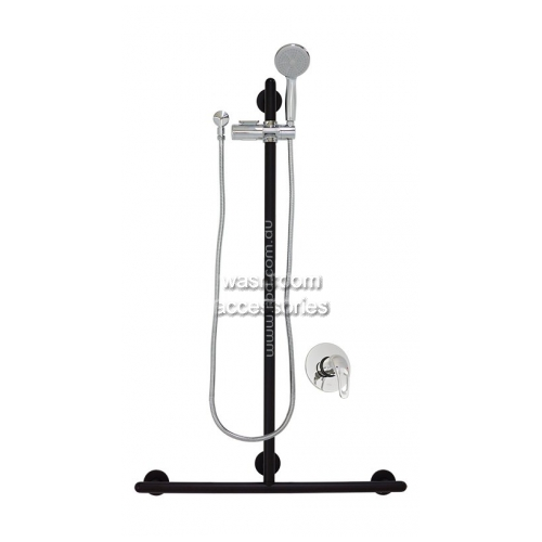 View Shower Set, T Grab Rail with Handset, Slider and Mixer details.