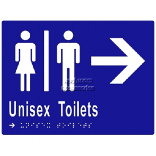 View ML16216 Braille Sign, Unisex Toilets Divided with Arrow details.