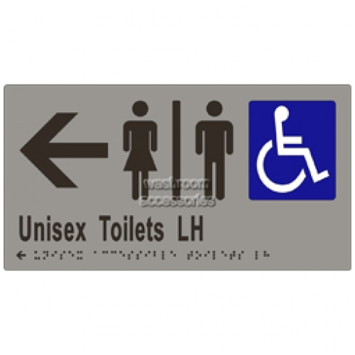 View ML16230 Braille Sign, Unisex Accessible Toilets Divided LH and Arrow details.
