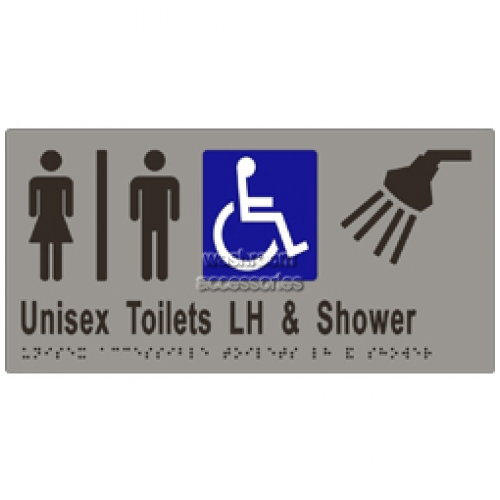 View ML16295 Braille Sign, Unisex Accessible Toilets Divided LH and Shower details.