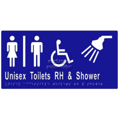 View ML16296 Braille Sign, Unisex Accessible Toilets Divided RH and Shower details.