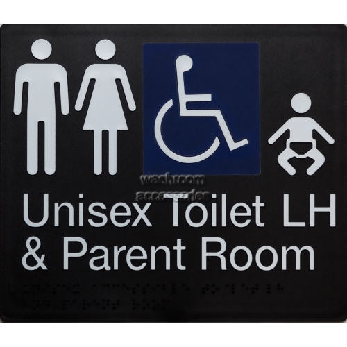 View MFDTPLH Unisex Accessible Toilet LH and Parent Room Sign Braille details.