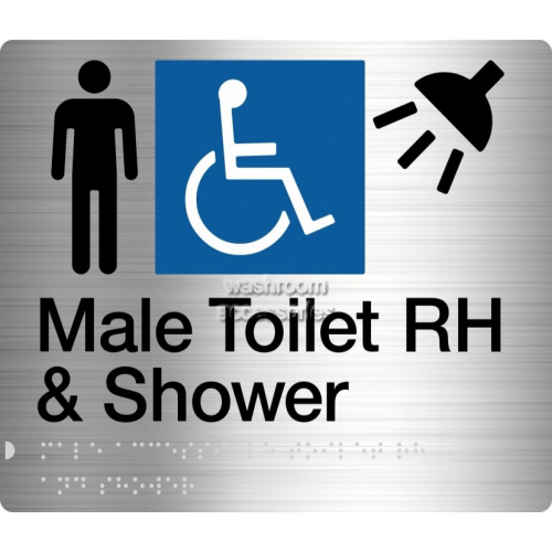 View MDTSRH Accessible Male Toilet Right Hand and Shower Sign Braille details.